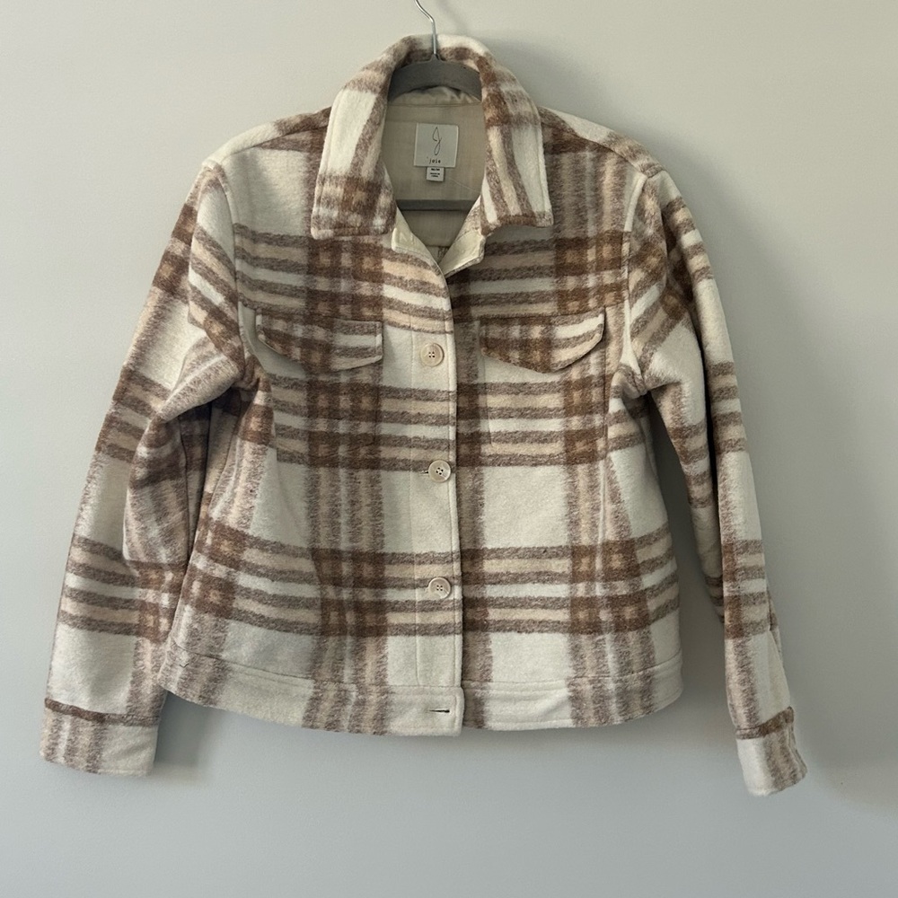 Joie Cream Tan Plaid Flannel Cropped Button Down Fall Neutral Boho Jacket M
